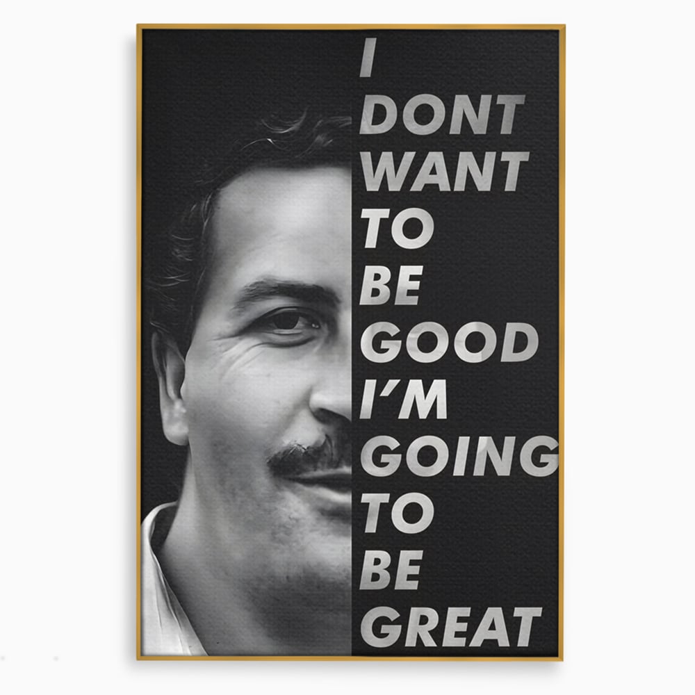 Tablou canvas cu tablou canvas cu portretul lui pablo escobar, in rama de aluminiu auriu